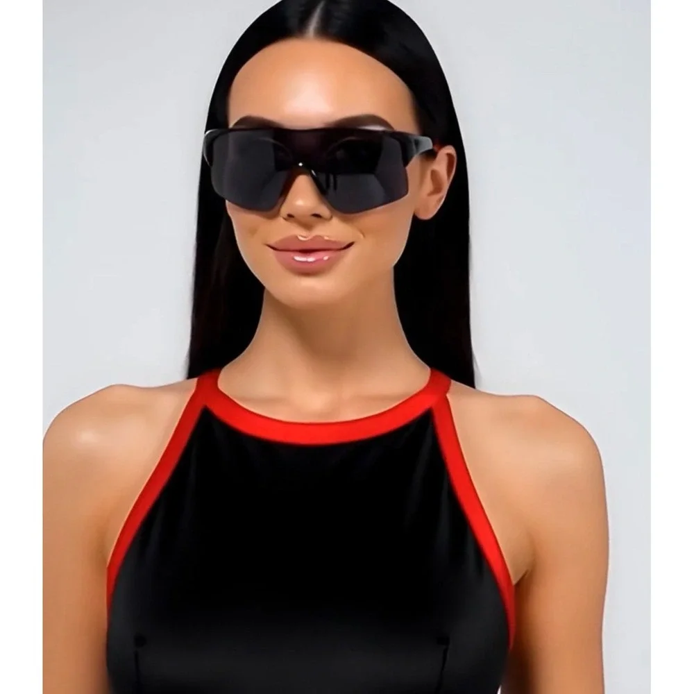 Women Oversized‎ Shield Sunglasses Black Red Wrap Around Sporty Futuristic Gafas